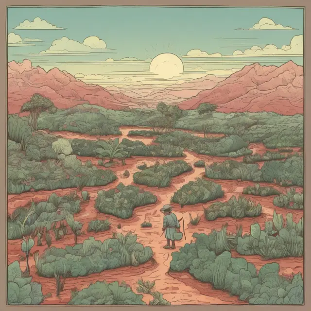 Despondent gardener tends to barren landscape, symbolizing underconsumption and its impact on eco-Malthusianism