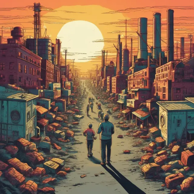 Image depicting an underemployed economy with some factories idling while workers toil away in low-skilled jobs.