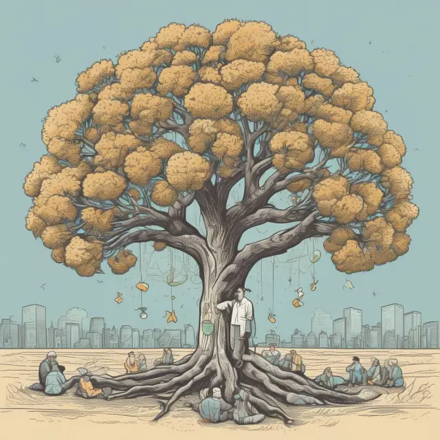 Underemployed worker sitting under a tree with some branches bearing fruit (full-time jobs) and others barren (part-time or mismatched jobs), illustrating the concept of underemployment