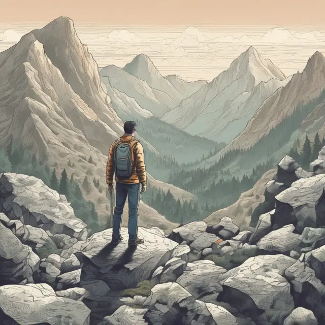 An underemployed worker battling financial instability represented by a towering mountain, while an abundant valley symbolizes their untapped potential