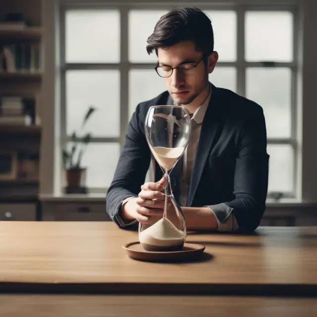 An underemployed person sitting dejectedly with an hourglass, illustrating the wasted time in low-skilled work