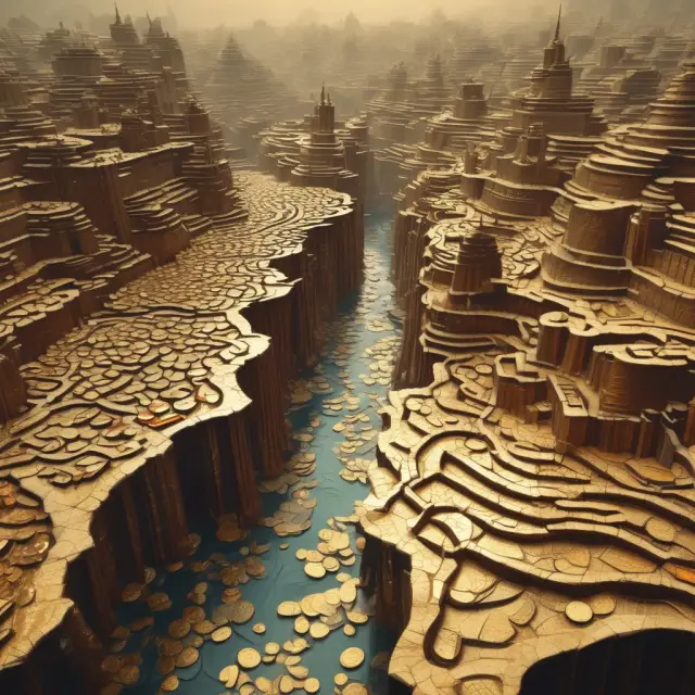 Gold coins flowing through a maze-like city, representing underground economies and unreported income