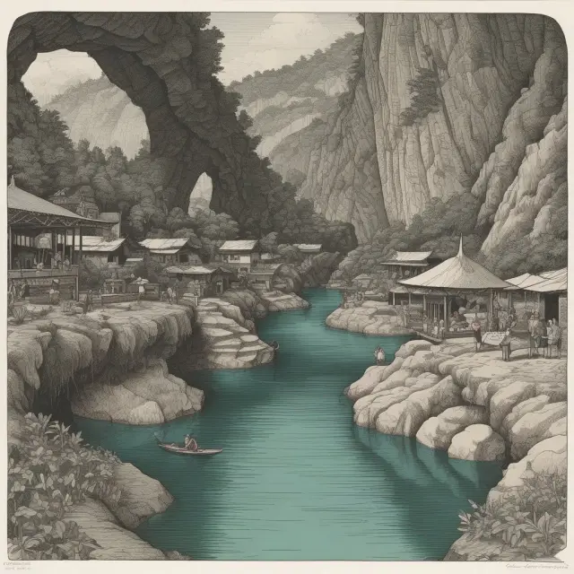 An underground river symbolizing the unreported transactions of an underground economy nourishes both formal and informal sectors, highlighting their interconnectedness.