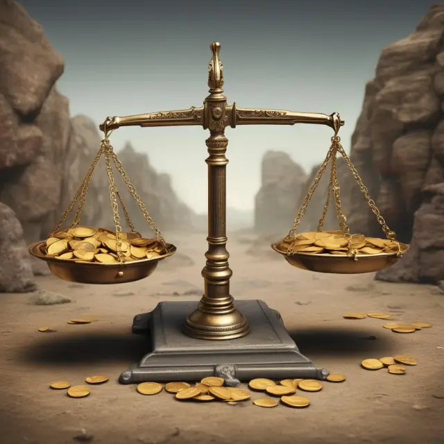 A balance scale with gold coins representing formal economies and hidden treasures symbolizing underground economies