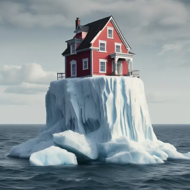 An unstable house with insufficient coverage on a shaky foundation, facing a potential iceberg signifying hidden risks and financial distress.