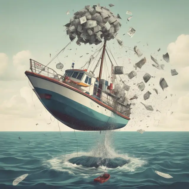 An individual struggles to balance medical expenses while their boat fills with water, representing the challenges of dealing with underinsurance in health insurance.