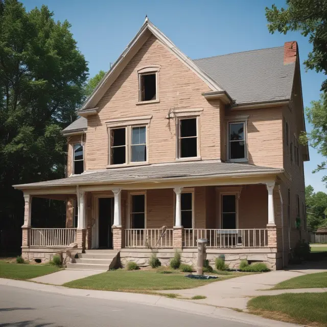 An underinsured house symbolizing inadequate insurance coverage, leaning on a fragile financial foundation while gaps reveal potential costs.