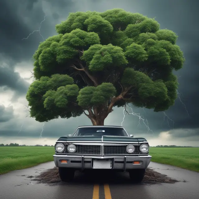 Tree representing insurance policy, car symbolizing underinsured driver