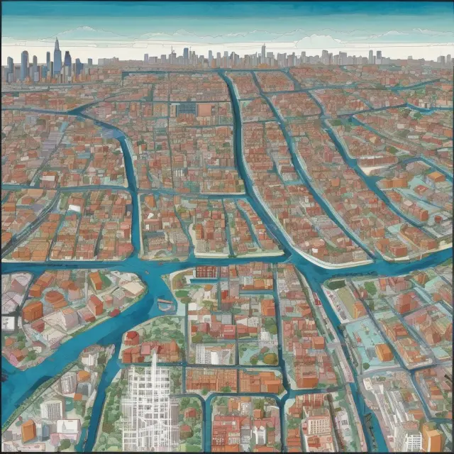 A city map incorporating smaller municipalities, their bonds represented as tiles, emphasizing the relationship between underlying debt and creditworthiness.