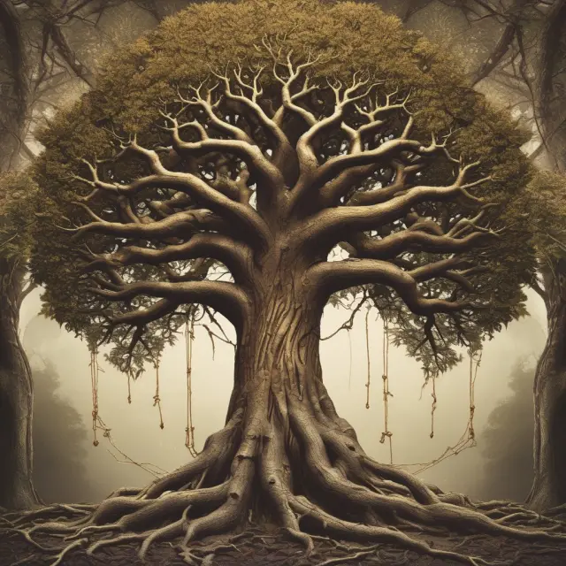 An image of a large, ancient tree whose branches represent various entities throughout history and roots intertwined with golden chains signifying underlying debt.
