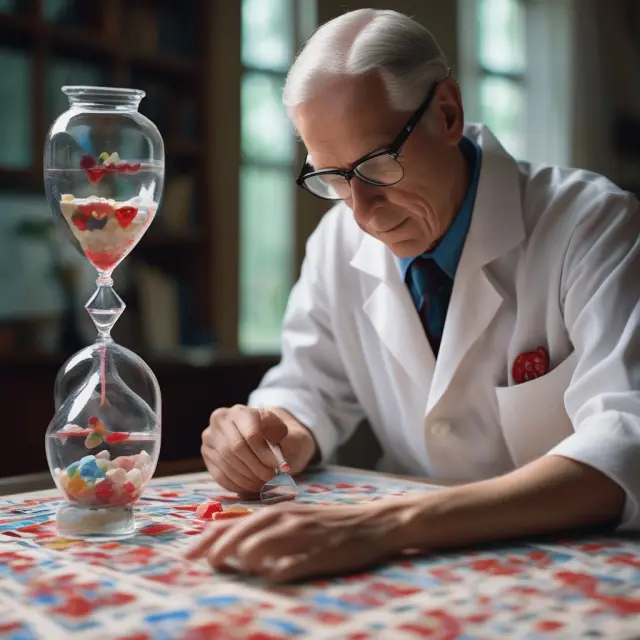 Actuary analyzing mosaic of leading causes of death: heart disease, cancer, and COVID-19, with hourglasses symbolizing life expectancy