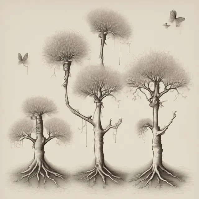 Visual representation of infant mortality blooming into life, roots deepening for mortality at birth, and a tree standing tall symbolizing advanced age and growth.