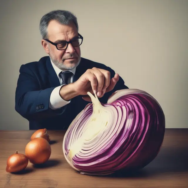 An investor carefully peels off the outer layers of an onion to expose its core, symbolizing the process of unveiling underlying profits to assess a company