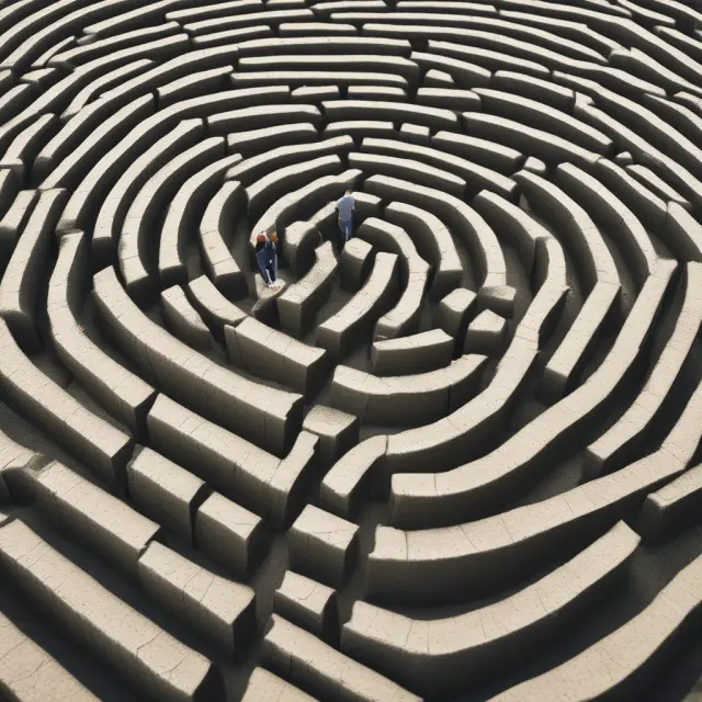A person navigates a winding maze, uncovering the core essence of underlying profit as they progress past distortions and reach clear waters