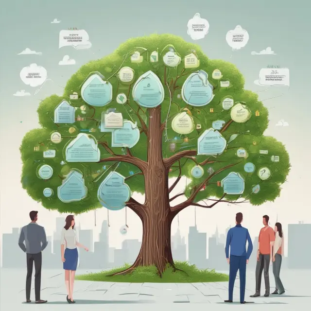 A lush, green tree symbolizing a profitable insurance company grows branches representing lower-risk components for retention and sheds leaves with higher-risk exposures for reinsurance
