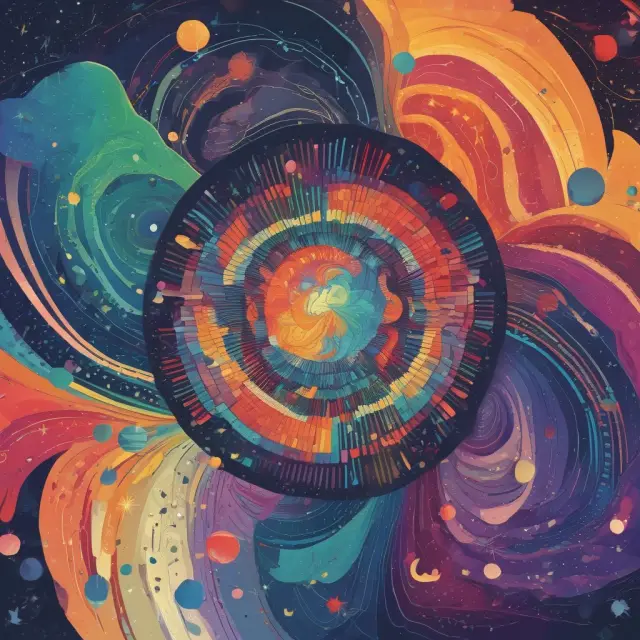 A colorful cosmic wheel symbolizing underlying assets: stocks, commodities, bonds, currencies, and abstract values swirling together