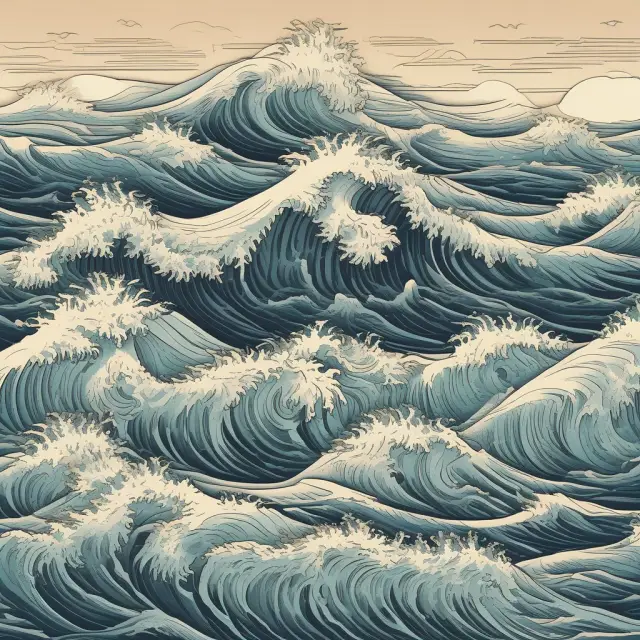 A serene sea with stock prices influencing call and put options as undulating waves