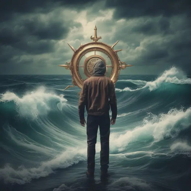 An investor braves turbulent waters, using a compass to guide their decisions based on underlying assets