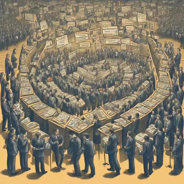 Analysts scrutinizing stocks in a bustling marketplace; the underperformer appears as a smaller shadow among its peers.