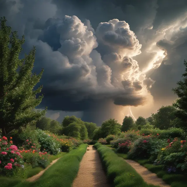 An image of a tranquil portfolio garden with vibrant flowers representing high-performing stocks, threatened by an encroaching storm cloud symbolizing underperforming investments