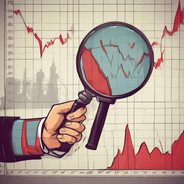 An institutional investor carefully examines a red-flagged underperforming stock chart, using a magnifying glass to scrutinize metrics and identify underlying causes