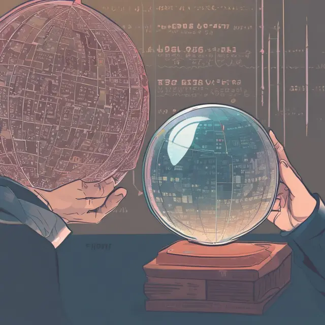 An analyst studying the intricacies of an IPO pricing through a crystal ball filled with financial data representing market size, P/E ratios, earnings projections, and more.