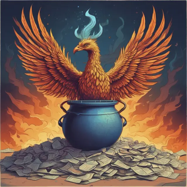 A mythical Phoenix emerging from an IPO cauldron, signifying successful underpricing and the positive outcomes for issuers and investors