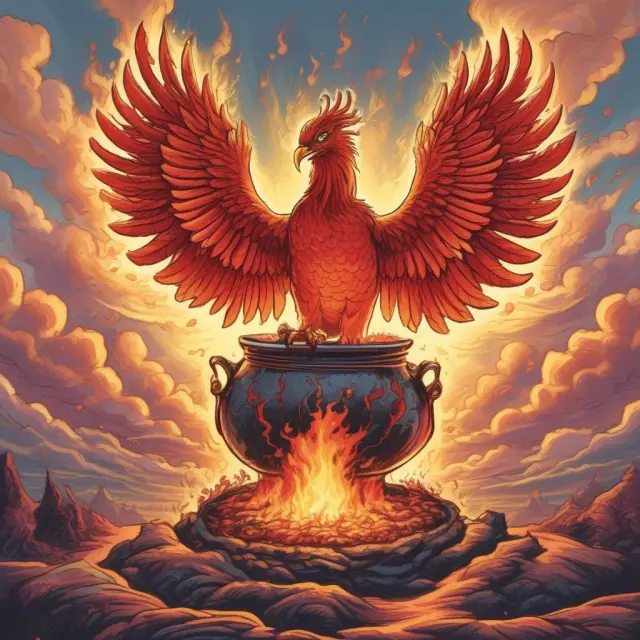 A fiery Phoenix emerging from a cauldron of underpriced Initial Public Offerings (IPOs), representing the potential for success and growth.