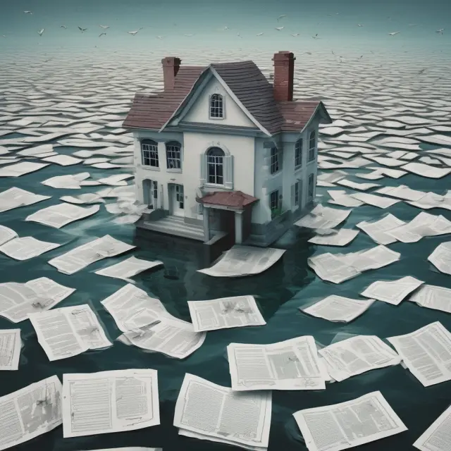 Submerged house symbolizing risk of underwater mortgages due to loose lending standards, with mortgage documents surrounding it