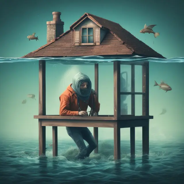 An anxious homeowner standing waist-deep in water, attempting to escape a sinking mortgage