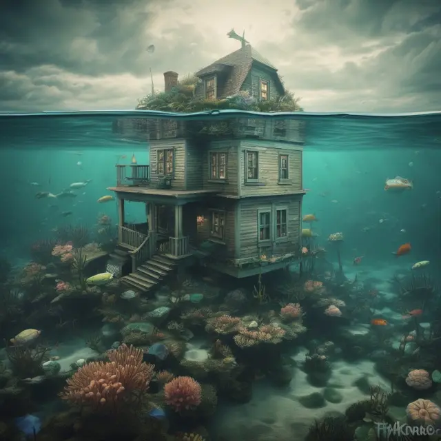 A struggling homeowner is shown wading in deep water representing an underwater mortgage, with the surface symbolizing a recovering housing market and the hope of potential relief