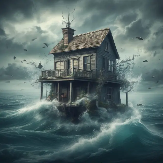 A house submerged in water symbolizing an underwater mortgage, with waves signifying market instability