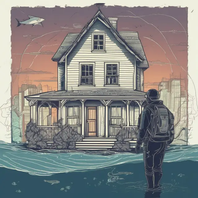 Diver battling underwater currents symbolizes managing underwater loans; a submerged house and sinking graph signify real estate and securities losses.