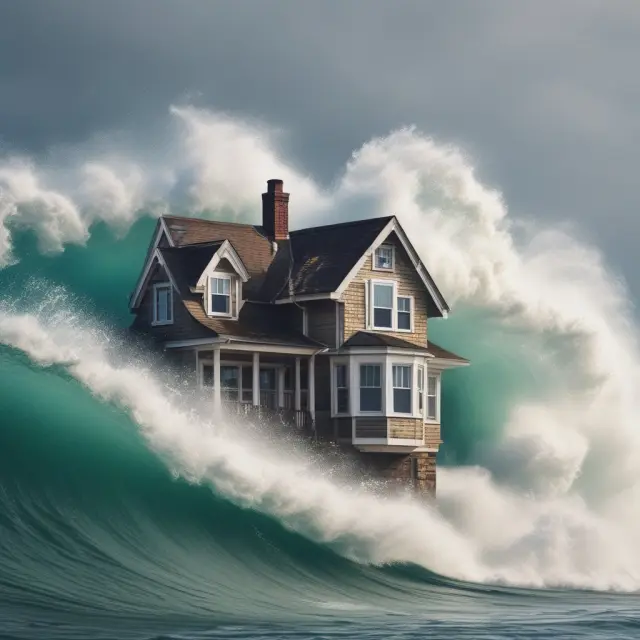 A house being battered by tidal waves represents the challenges faced by homeowners with underwater mortgages, including selling, refinancing and potential consequences.