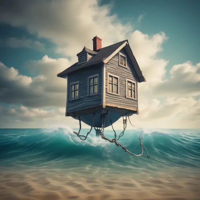 An underwater mortgage, represented as a heavy anchor, burdening a house during rough housing market conditions