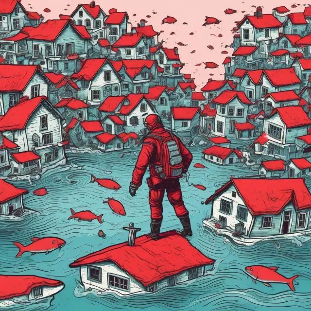 Diver submerged in red ink amidst underwater houses representing underwater assets