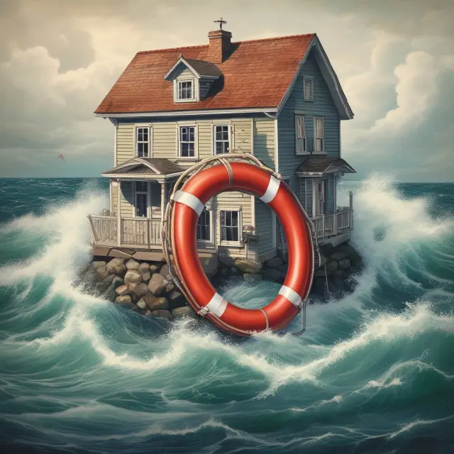 Underwater mortgage strategy: Homeowner clinging to lifebuoy for refinancing or short sale, using compass for guidance from professionals.