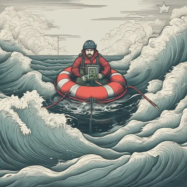 A homebuyer braving choppy waters, holding a life preserver representing research and a compass signifying expert advice