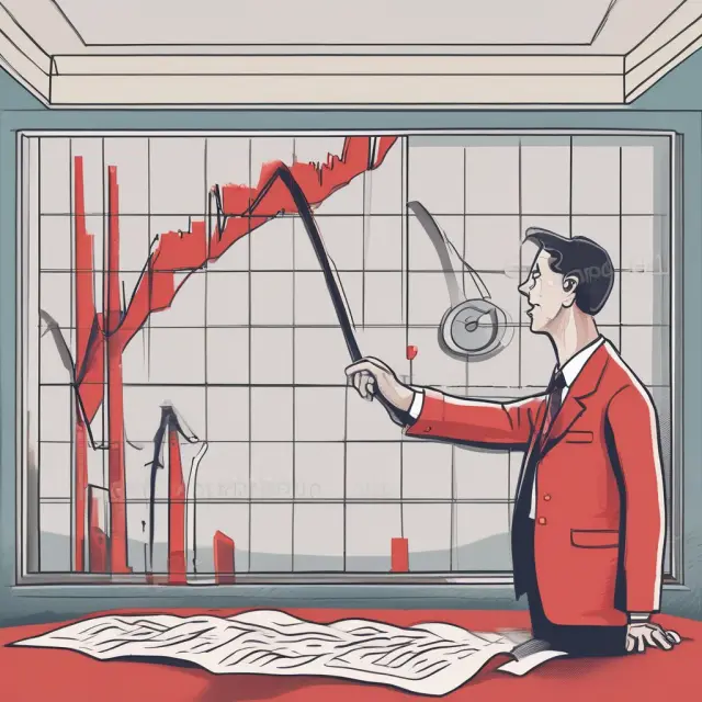 An analyst examining underperforming stocks, with a balance scale tilting to the red side and a graph depicting decreasing sector performance