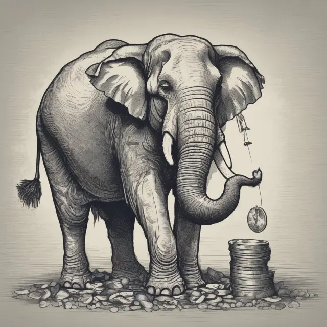 Elephant holding numerous coins representing tax refunds from overwithholding