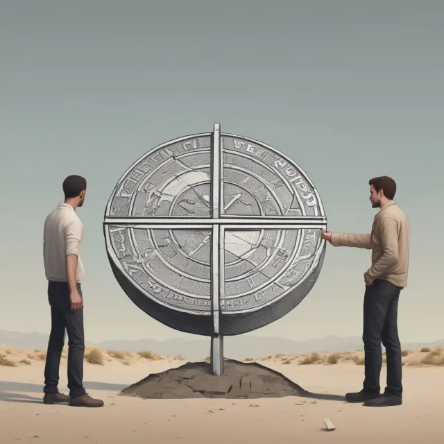 Person considering financial choices between underwithholding and overwithholding, represented by an oversized coin at a crossroads