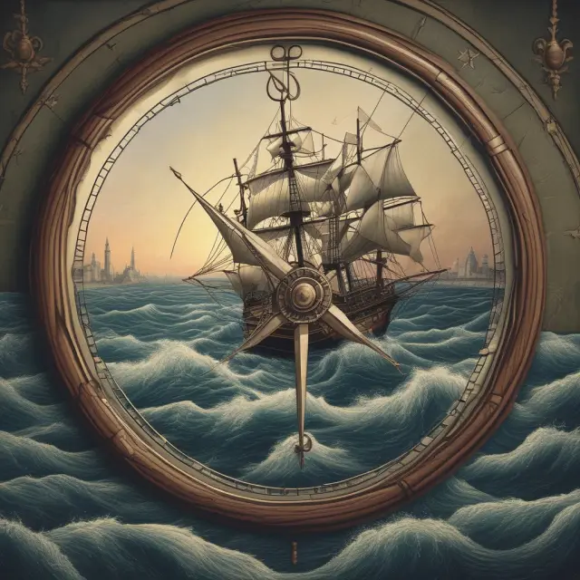 Underwriter depicted as a compass steering a ship through stormy seas, representing the history of underwriting from marine insurance origins