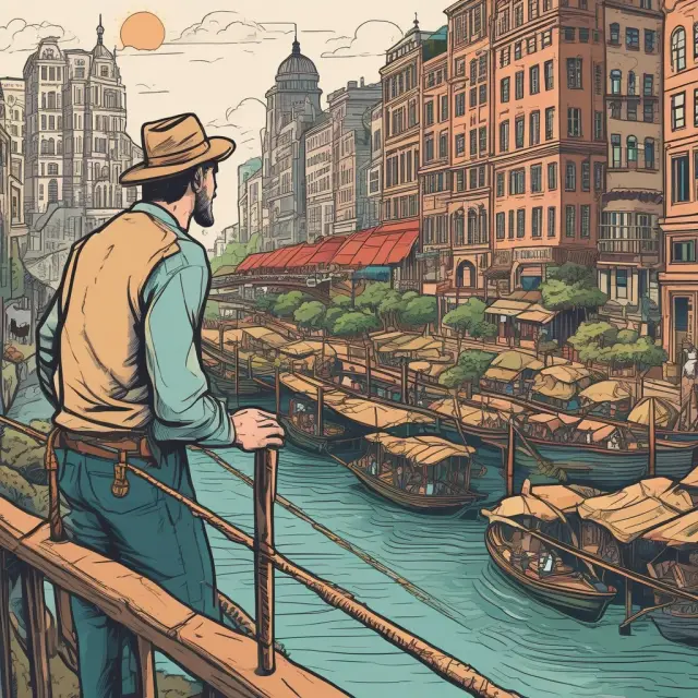 An underwriter examining a bridge, symbolizing risk assessment, while a broker stands at a bustling market, representing intermediation services