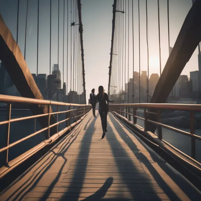 An underwriter standing on a bridge with one foot in the past and the other in the future, symbolizing their role in assessing risk while embracing opportunities in the financial industry