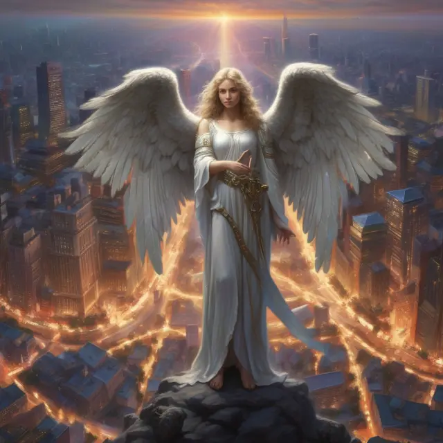 An angel protectively holding the UL symbol, surrounded by a thriving urban landscape symbolizing safety