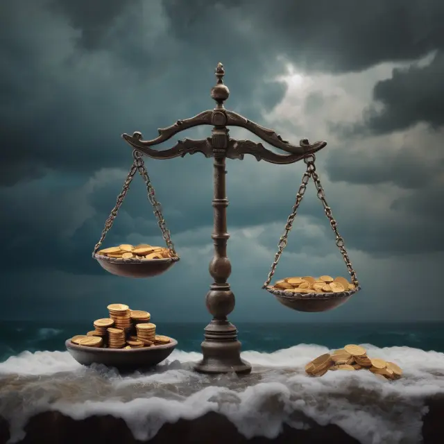 Stable coins symbolize less-volatile risks on a balance scale, while stormy sea represents the potential for excessive losses from volatile risks in insurance underwriting