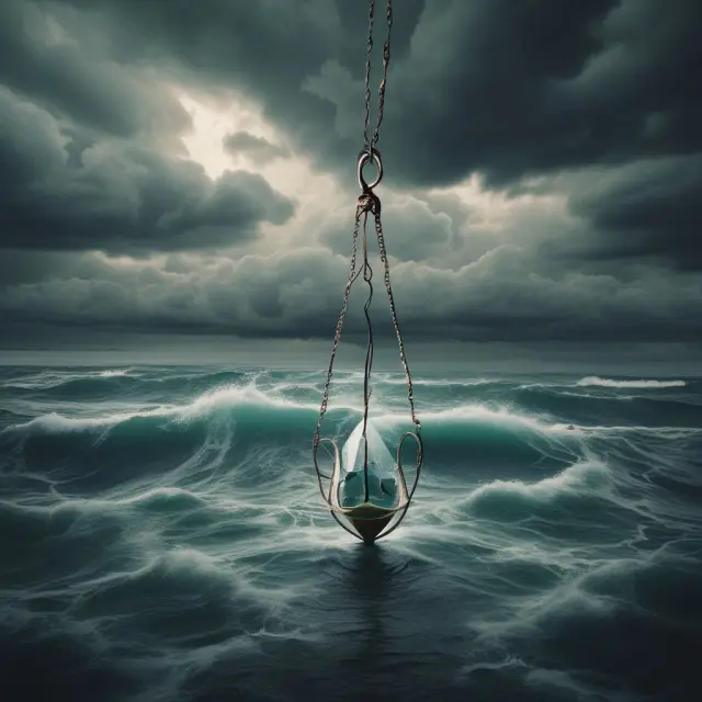 A pendulum illustrating the impact of natural disasters on the underwriting cycle, swinging between calm waters (soft market) and stormy seas (hard market).