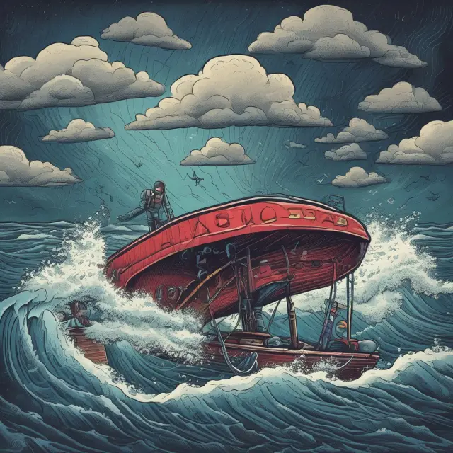 Image depicts insurance companies as collaborating giants navigating a stormy sea, with regulatory oversight and a lighthouse symbolizing long-term vision guiding them towards calmer waters.