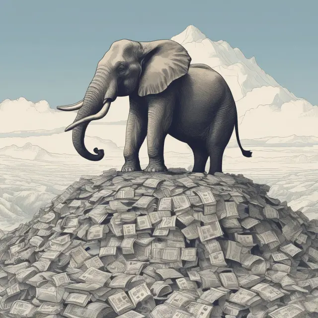 An elephant balancing atop a massive mountain of insurance policies illustrating the concept of economies of scale