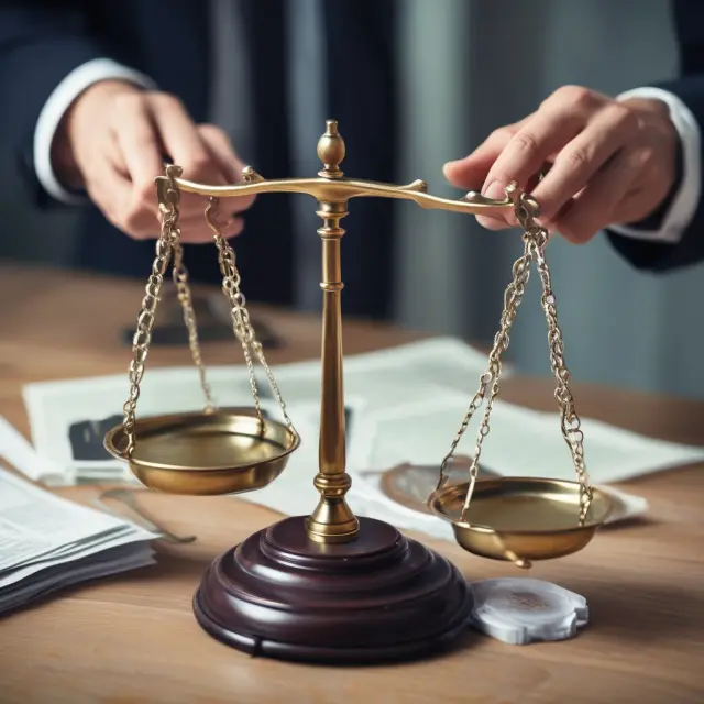 Underwriter evaluating mortgage applications with scales for fairness and balance
